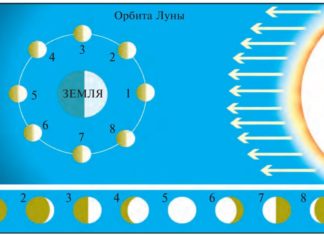 Солнце и Луна Рис. 7. Различные фазы Луны: 1–Луны не видно; 2–новолуние; 3–первая четверть месяца; 4–три четверти Луны; 5–полнолуние; 6–убывающая Луна; 7–последняя четверть; 8–уменьшающаяся Луна